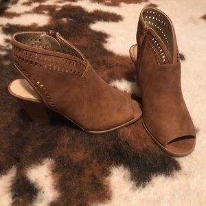 Brown Microsuede Open Toe Heels